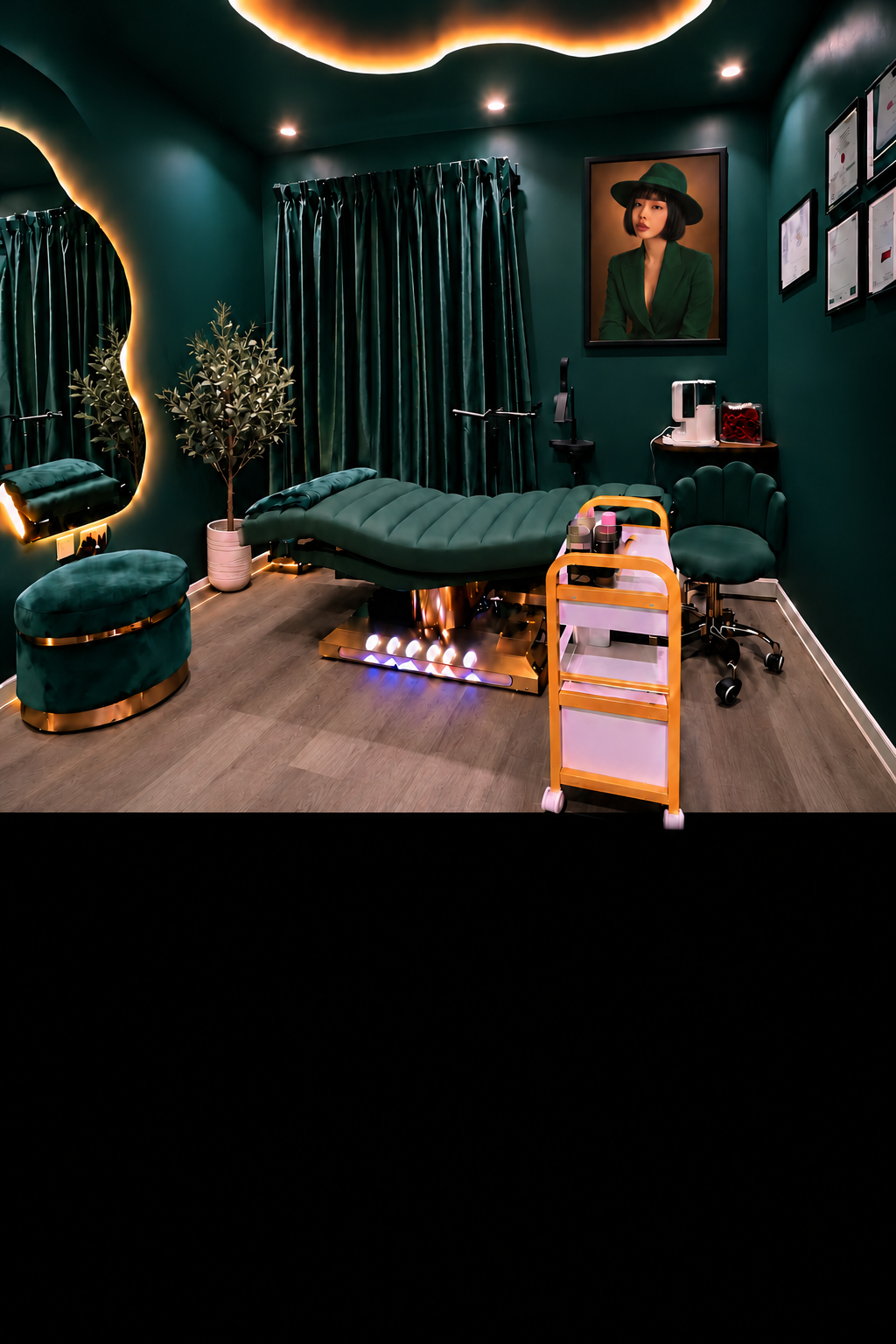 VYE’RA private beauty studio in Villanova, with a green treatment bed, an olive tree beside the mirror and curtains, warm ceiling lighting and framed certificates